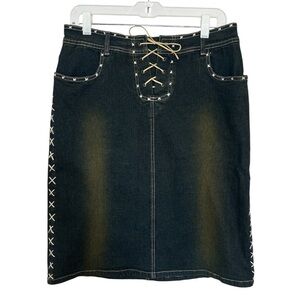 Anchor Blue Black Denim Pencil Skirt with Lace-Up
